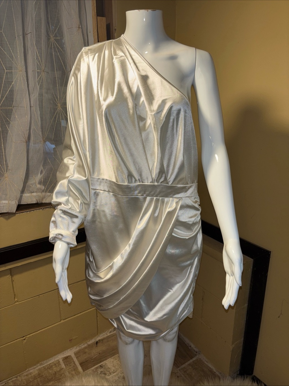 Asymmetric One-Shoulder Satin Dress in Ivory